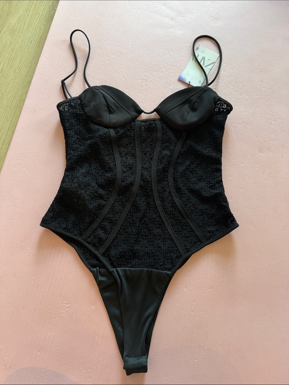 Zara Black Lace-Textured One-Piece Bodysuit